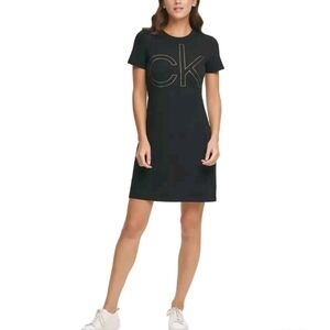 Calvin Klein CK Petite Short Sleeve Emerald Green Rhinestone Logo T-Shirt Dress